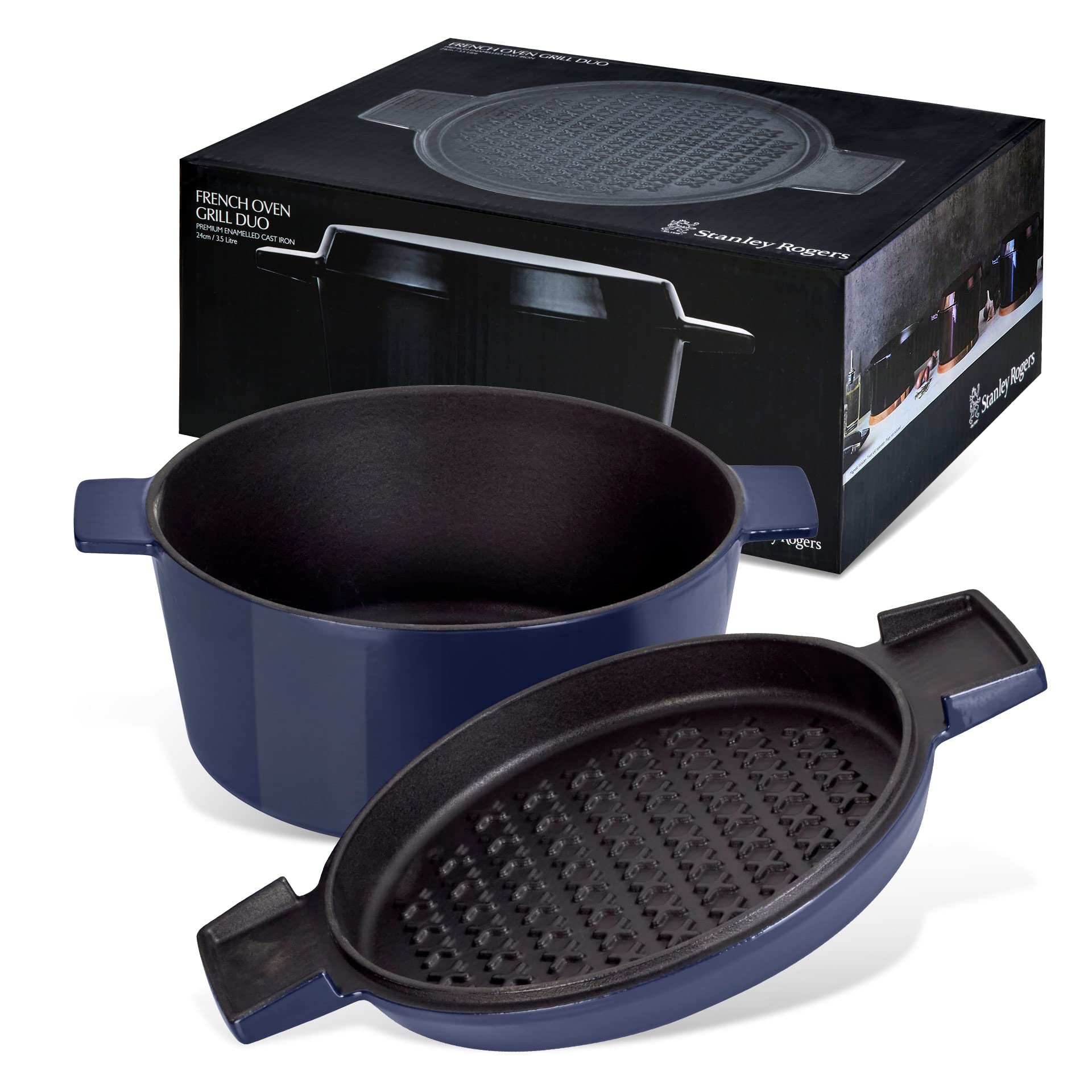 Stanley Rogers Cast Iron French Oven Grill Duo 24cm 3.5L Blue