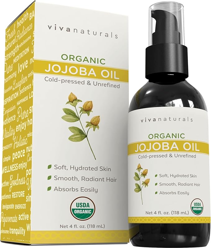 Viva Naturals Organic Jojoba Oil - 100% Pure Cold Pressed for Skin and Hair, USDA Certified Face Moisturizer, 4 fl. oz