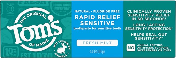 Tom's of Maine Natural Rapid Relief Sensitive Toothpaste Natural Toothpaste Sensitive Toothpaste Fresh Mint 4 Ounce 2-Pack