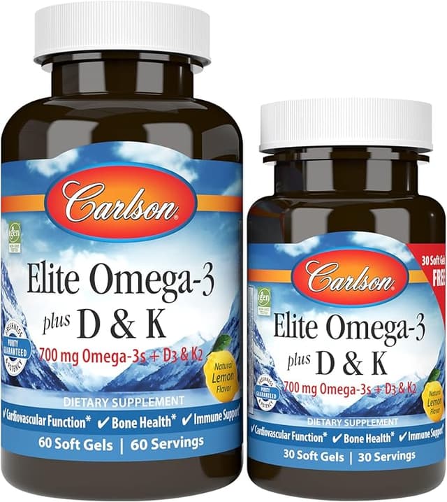 Carlson, Elite Omega-3 Plus D & K, Natural Lemon Flavor, 60 + 30 Free Soft Gels