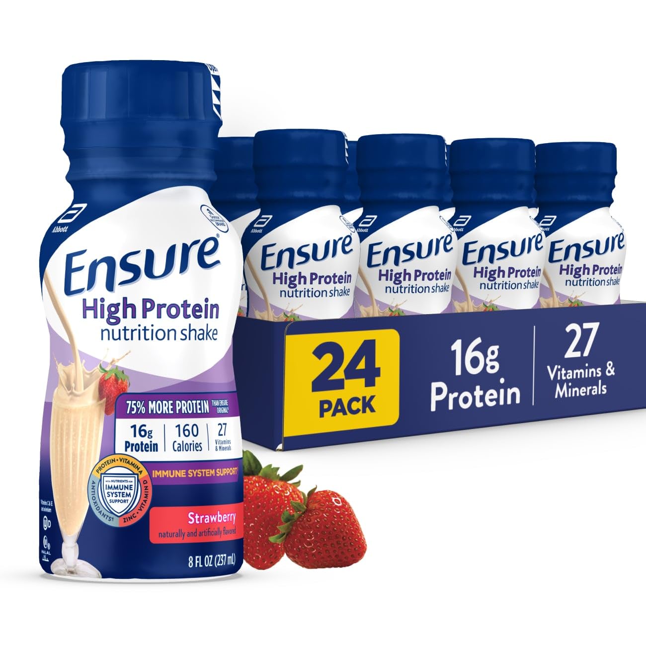 Ensure High Protein Nutritional Shake with 16G of High-quality Protein, Ready-To-Drink Meal Replacement Shakes, Low Fat, Strawberry, 8 fl oz, 24