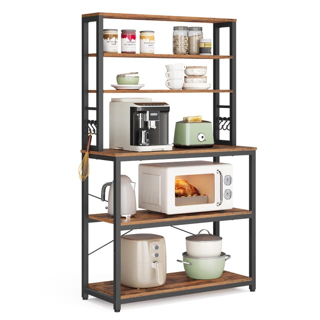 VASAGLE 6 Tier Storage Shelves With 6 Hooks Rustic Brown and Black