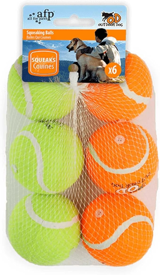 All for Paws - 6 Pack Squeaking Tennis Ball - 6.5cm Squeaky Dog Puppy Play Fetch Outdoor Toy