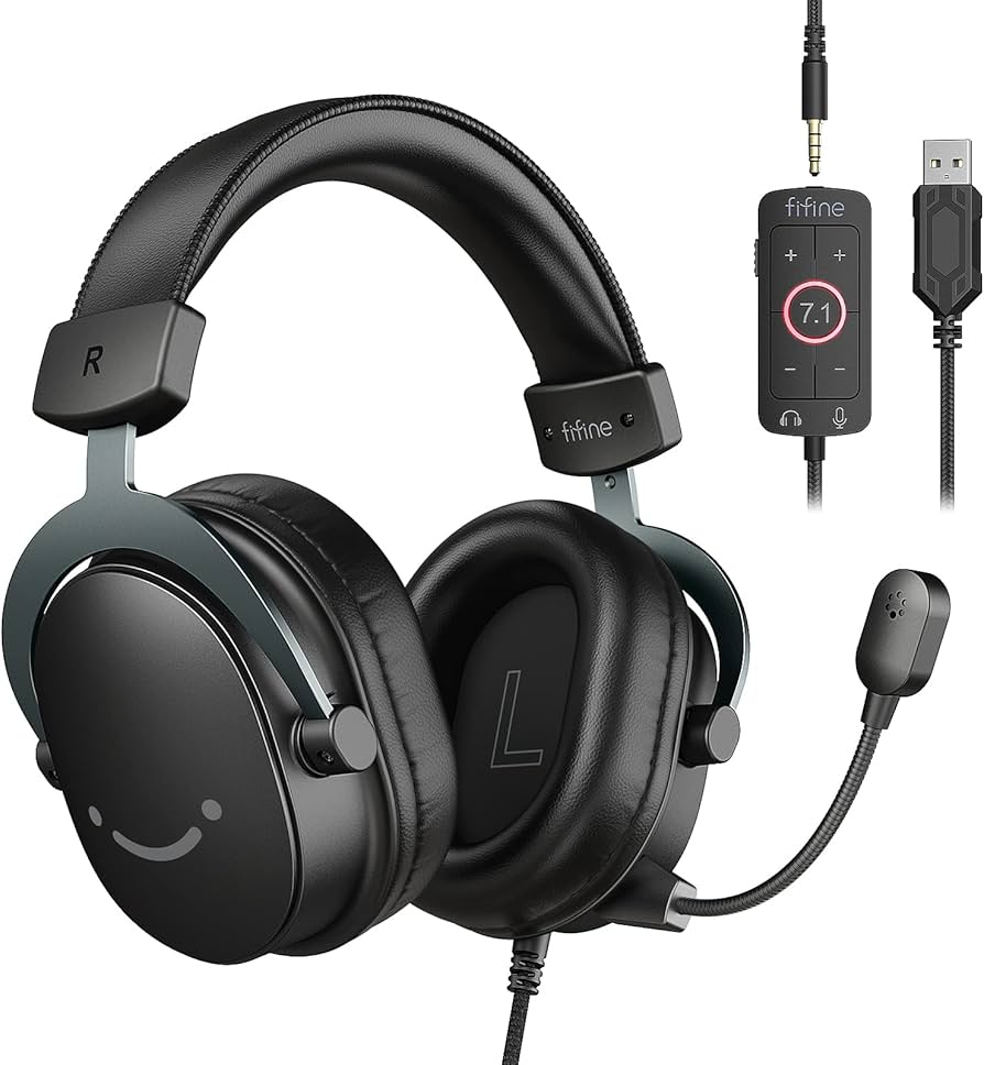Fifine Gaming Headset For PC, USB Headset With 3.5mm Headphones Jack, Detachable Microphone, 7.1 Surround Sound, Control Box, Gamer Over-Ear Wired