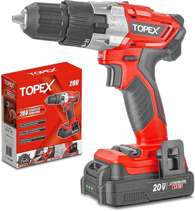 TOPEX 20V Lithium-Ion Cordless Drill Driver Impact Hammer Drill w/ Battery Charger