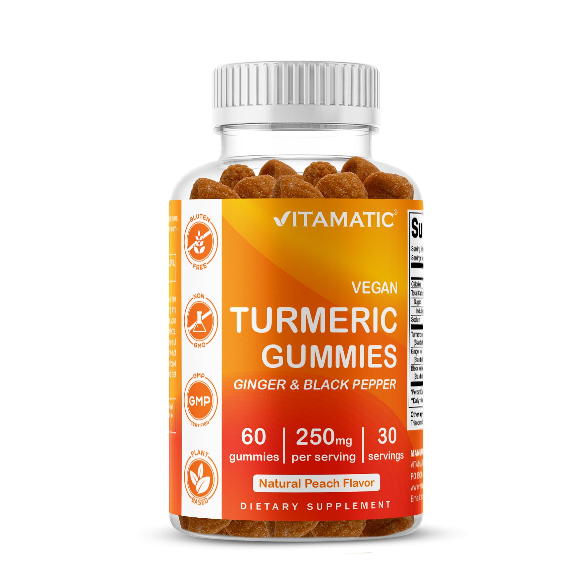 Vitamatic, Vegan Turmeric Gummies, Natural Peach, 250 mg, 60 Gummies (125 MG per Gummy)
