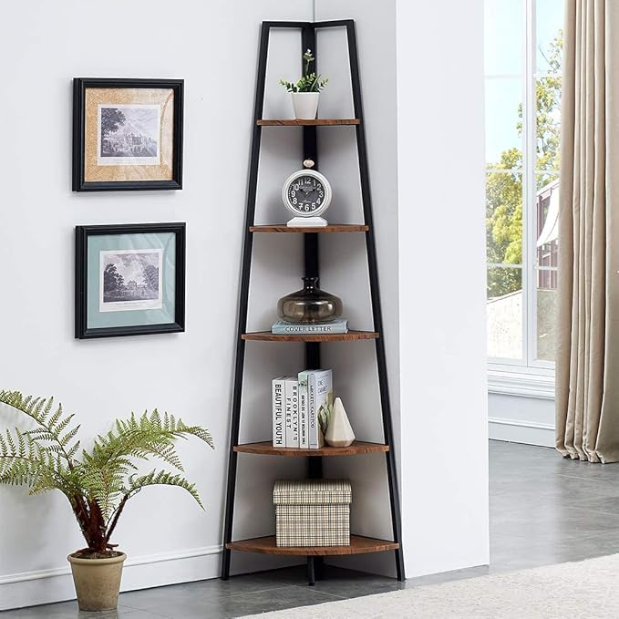 IHOMDEC 5 Tier Industrial A-shaped Corner Bookshelf Retro Brown