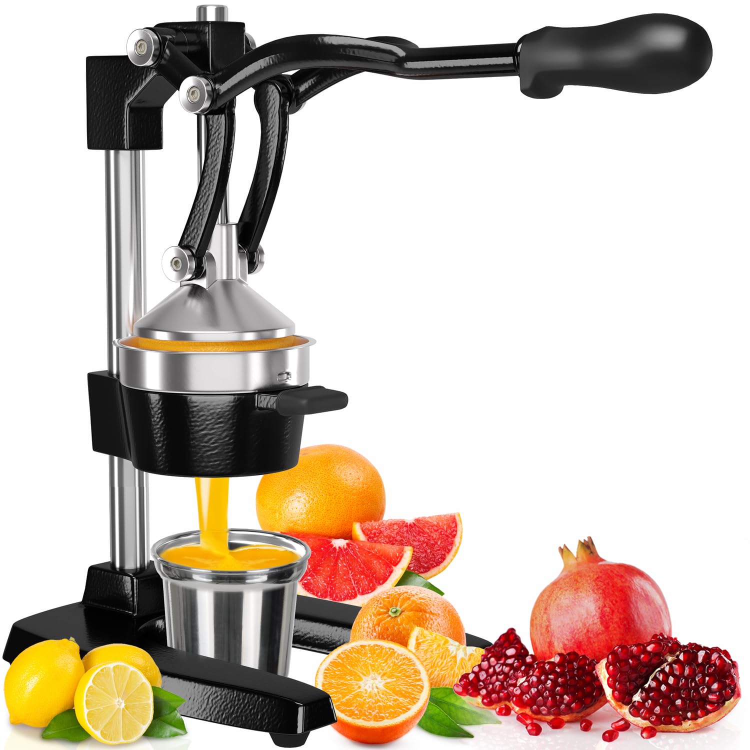 Eurolux Cast Iron Citrus Juicer | Commercial Grade Manual Hand Press | Countertop Squeezer For Fresh Fruit Juice (Bonus Stainless Steel Cup) (Black)