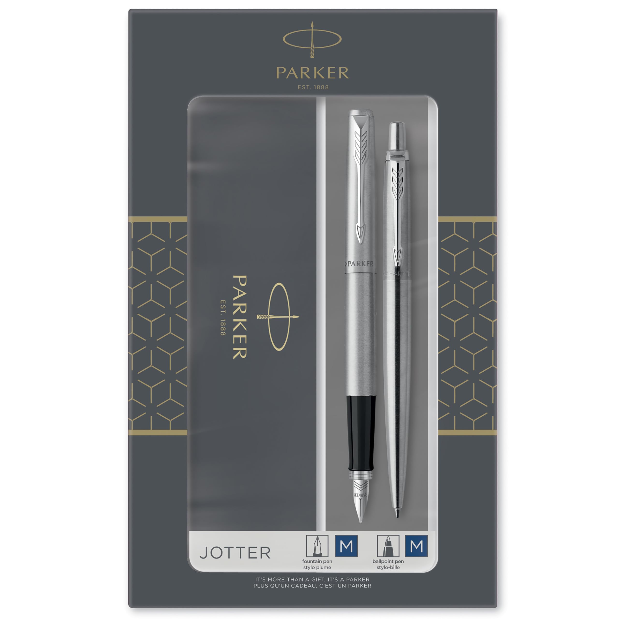 Parker Jotter Stainless Steel Gold Trim Ballpoint & Fountain Pen Set
