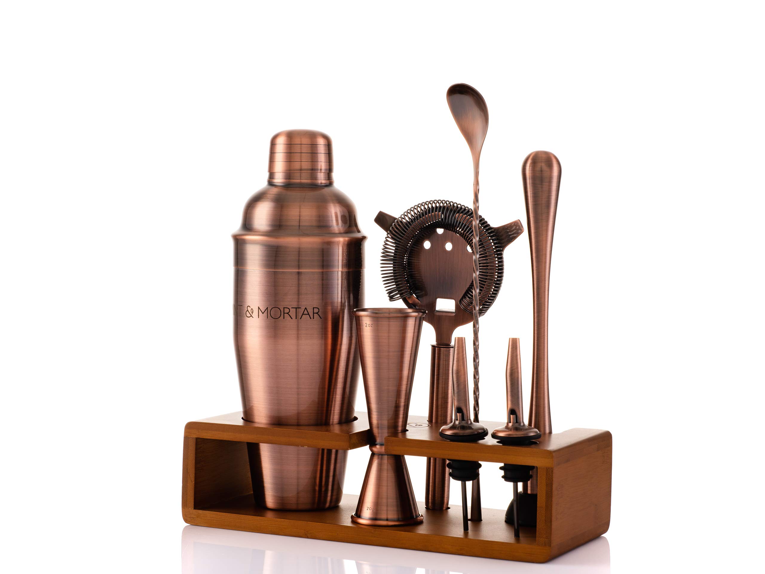 Mint&Mortar 7Piece Cocktail Shaker Set with Stand Stainless Steel Mixology Bartender Kit with Bar Tools in Unique Brushed Copper