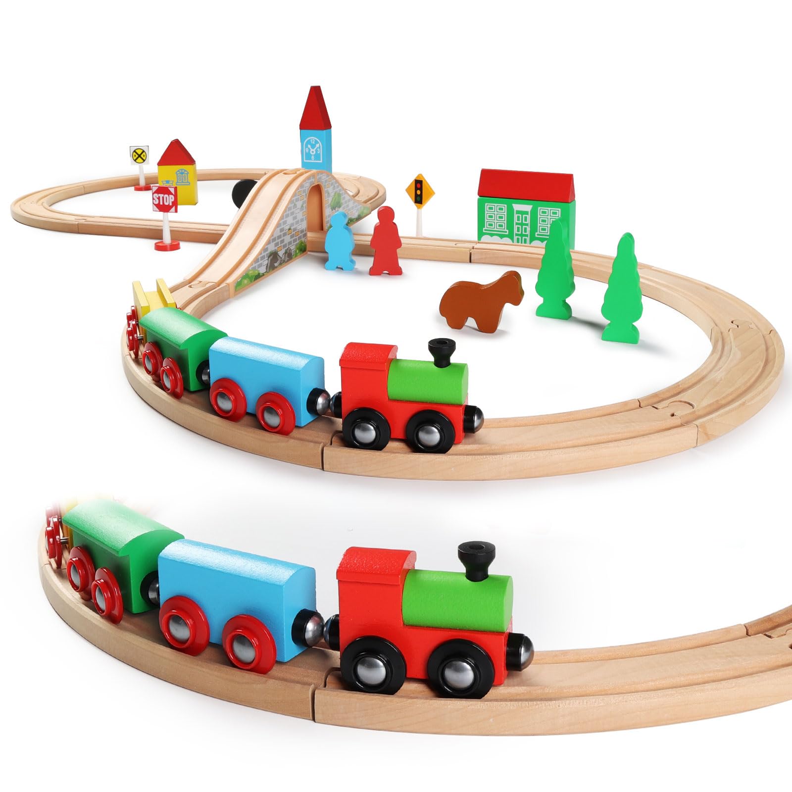 SainSmart Jr. Wooden Train Set for Toddler with Double-Side Train Tracks Fits Brio, Thomas, Melissa and Doug, Kids Wood Toy Train for 3,4,5 Year Old B