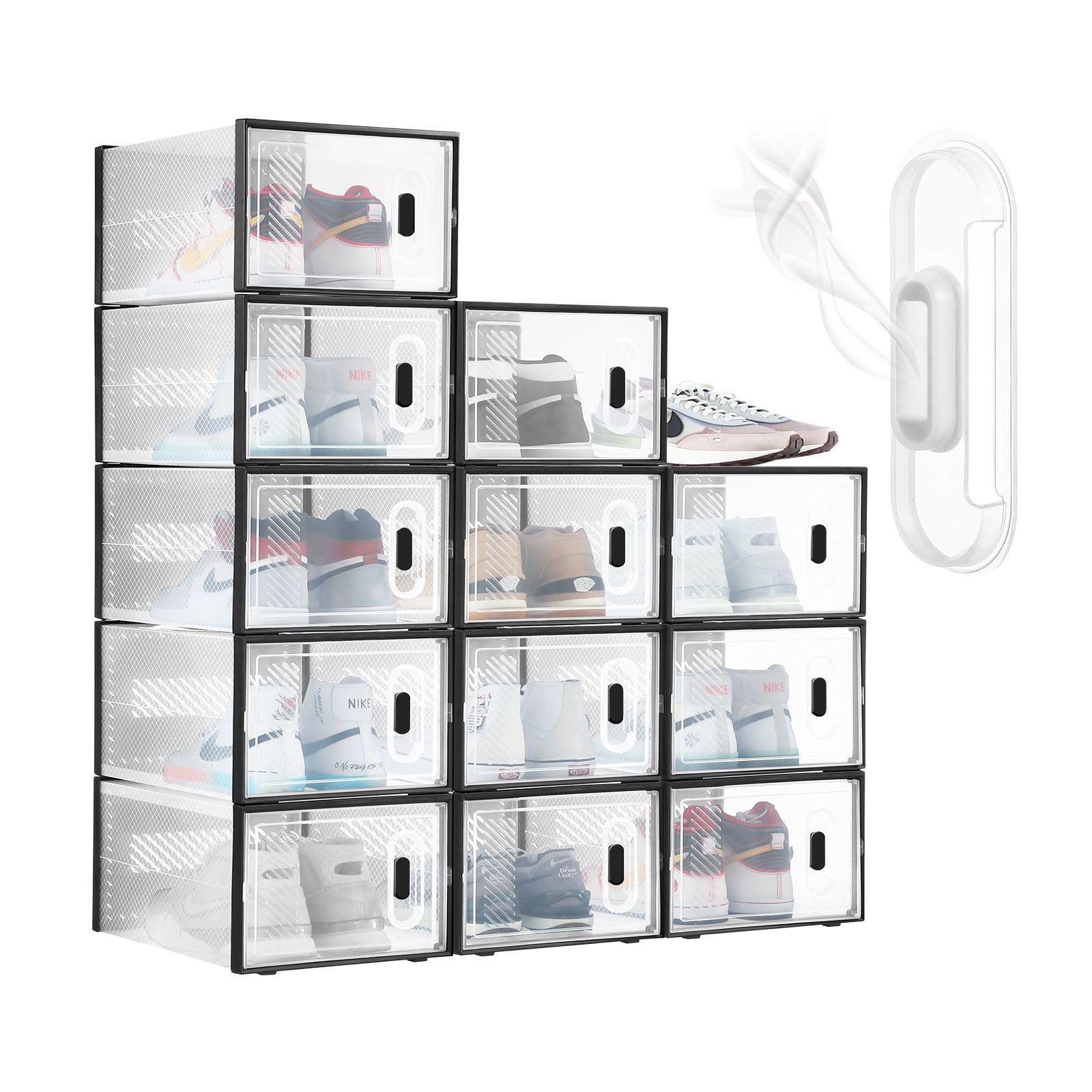 LUXSUITE 12pcs Plastic Shoe Boxes Clear Organiser Stackable Transparent Storage Display Cases Sneaker Containers Holder Bins Organizer Unit