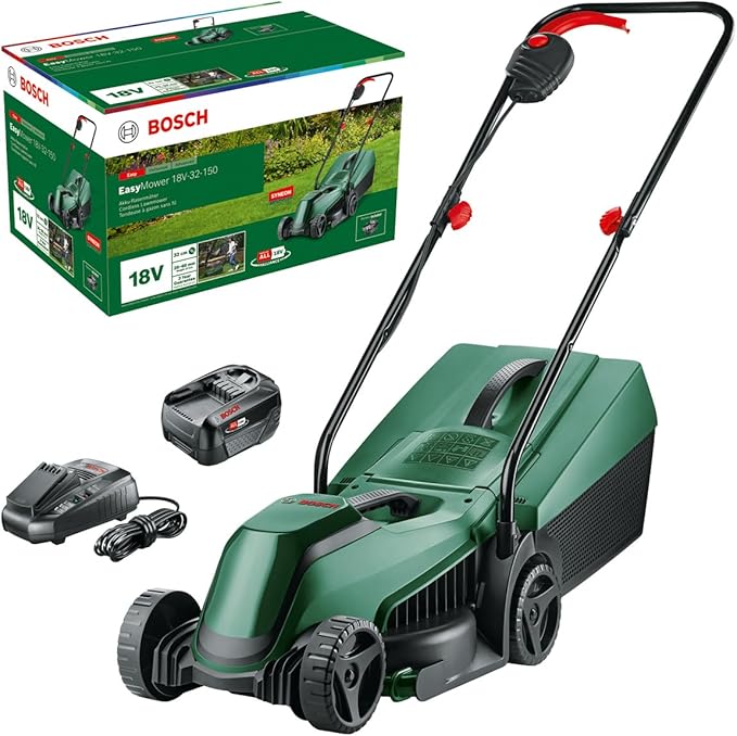 Bosch 18V Cordless Lawn Mower with 1 x 4.0Ah Battery & Fast Charger, Cutting Width: 32 cm, Cut Height 20-60mm, Compact Storage and Ergonomic Design