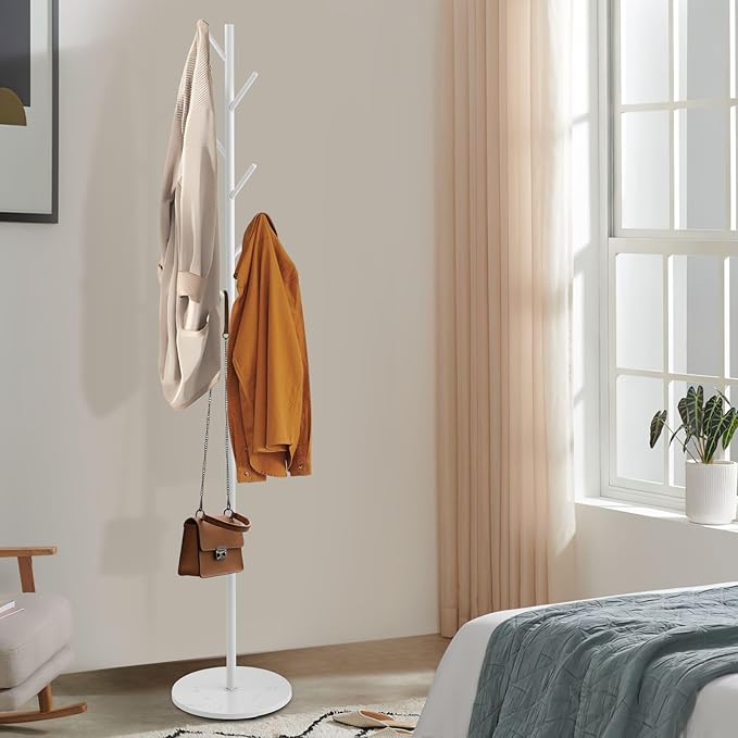 Coat Stand Garment Rack Hall Storage Shelf Hook Hanger Hat Holder Closet Organizer Metal Entryway Freestanding White