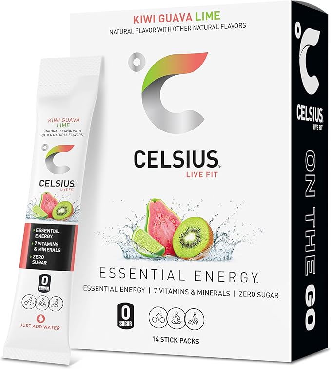 Celsius Kiwi Guava Lime On-The-Go Powder Stick Packs, Zero Sugar (14 Sticks Per Pack)