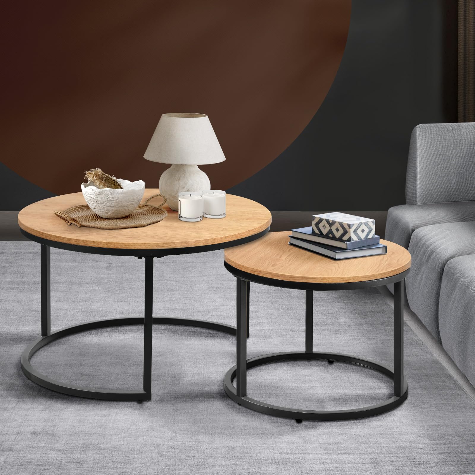 Oikiture Set of 2 Coffee Table Round Natural
