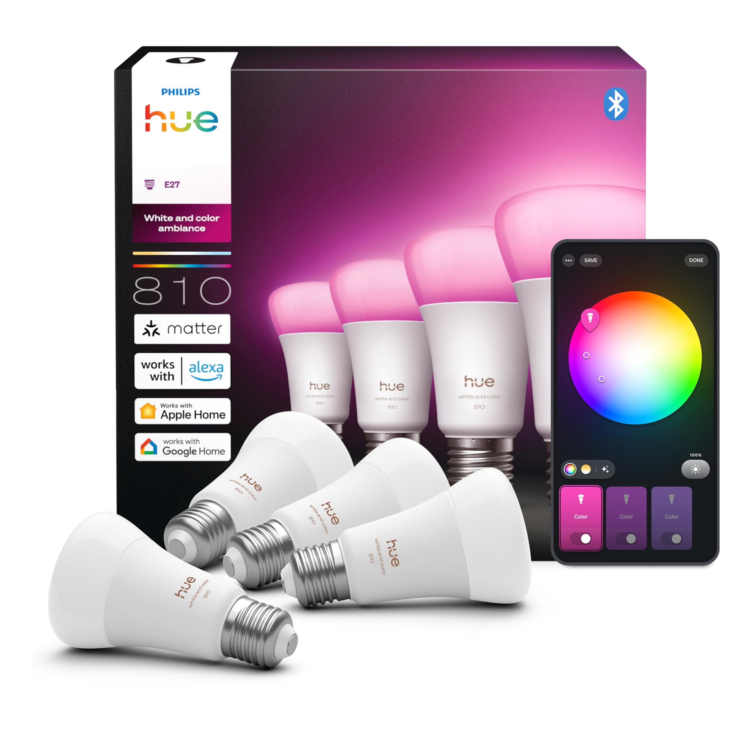 Philips Hue Smart LED A60 Bulb, White and Color Ambiance, E27 Base, 6W, Full Spectrum Light 1000K-20000K, 810 Lumens, Dimmable, Compatible with Alexa,