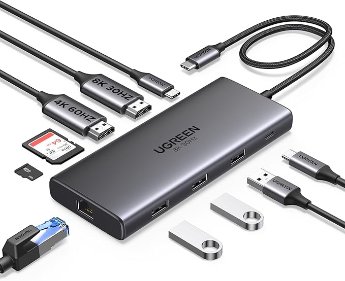 UGREEN Revodok Pro 10 in 1 USB C Hub Dual Monitor Docking Station With Dual HDMI 4K@60Hz Single 8k@30hz USB A and USB C Data Port 100W PD Charging