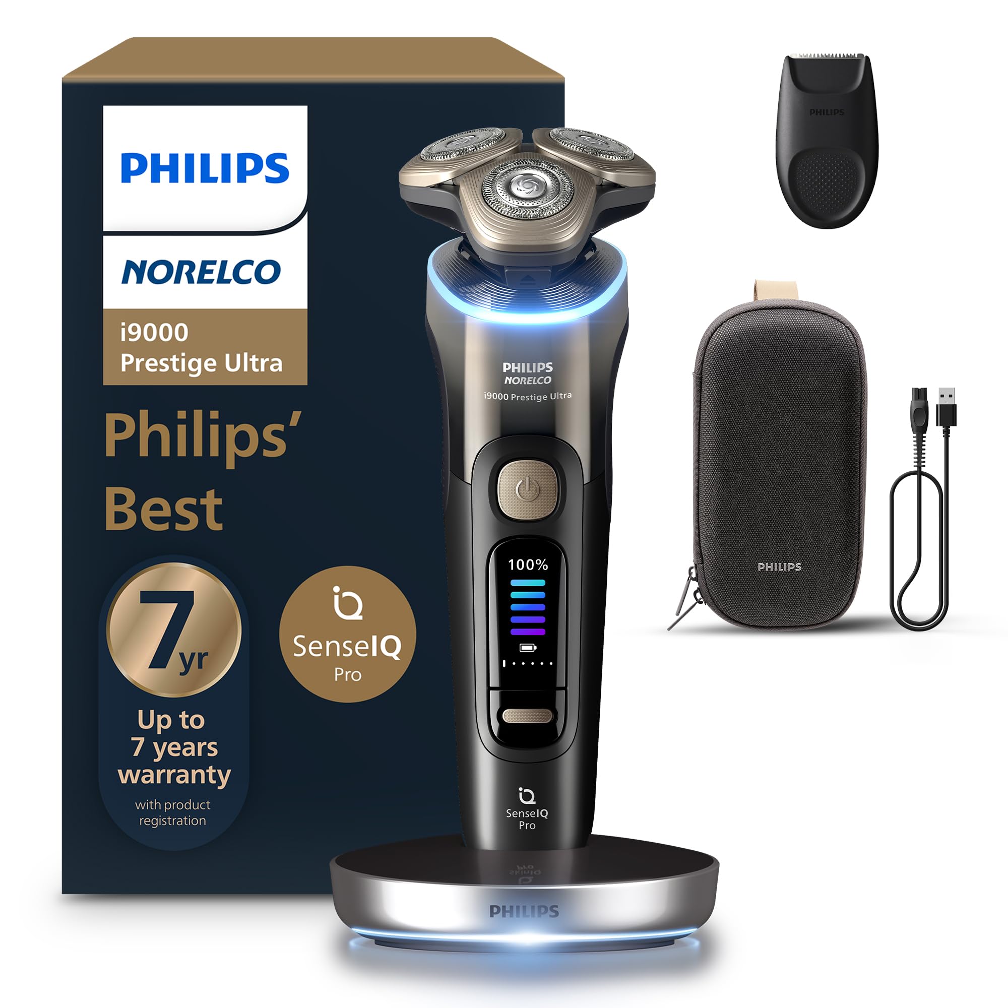 Philips Norelco Shaver i9000 Prestige Ultra, Wet & Dry Electric Shaver, Black Gradient, SenseIQ Pro Technology, Triple Lift & Cut System, 360