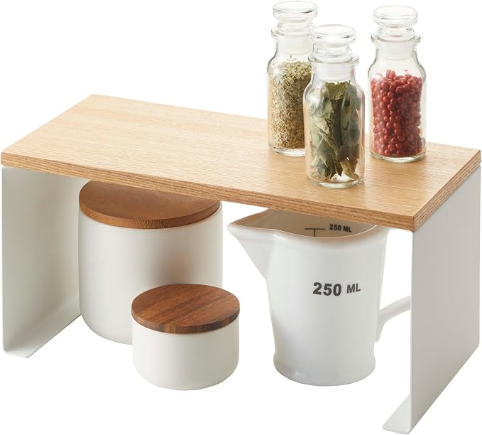 Yamazaki Home Wood-Top Stackable Kitchen Rack - Modern Counter Shelf Organizer Steel + WoodSmallWhite, White