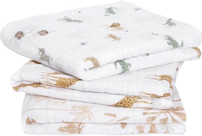 Baby Aden + Anais White Musy 100% Cotton Muslin Safari Dream Squares 3 Pack
