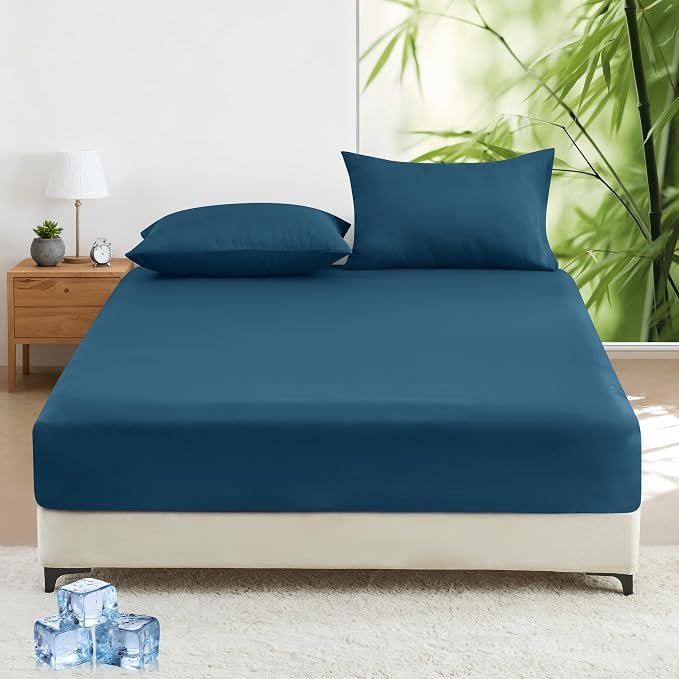 LINENOVA Bamboo 40cm Deep Pocket Bed Sheets Soft Fitted Sheet - Queen,Biscay Blue