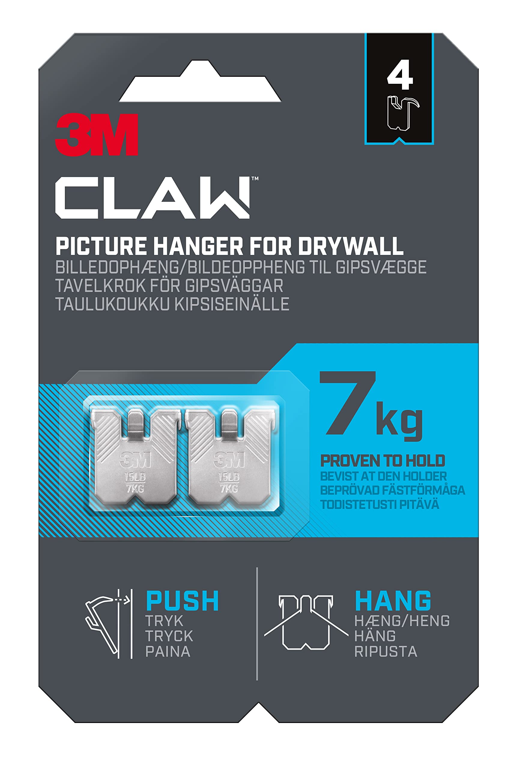 3M Claw Plasterboard Picture Hanging Wall Hooks for Hanging Home Dcor, 4 Hangers, Holds Up to 7 kg - Ideal for Heavyweight Items