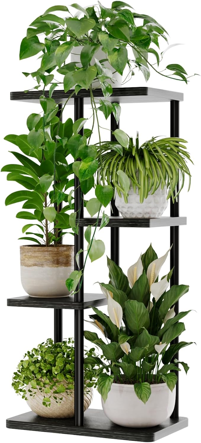 Bamworld Plant Stand Indoor Metal Plant Shelf Black Plant Holder 4 Tier 5 Potted for Multiple Plants Corner Plant Table for Patio Garden Balcony