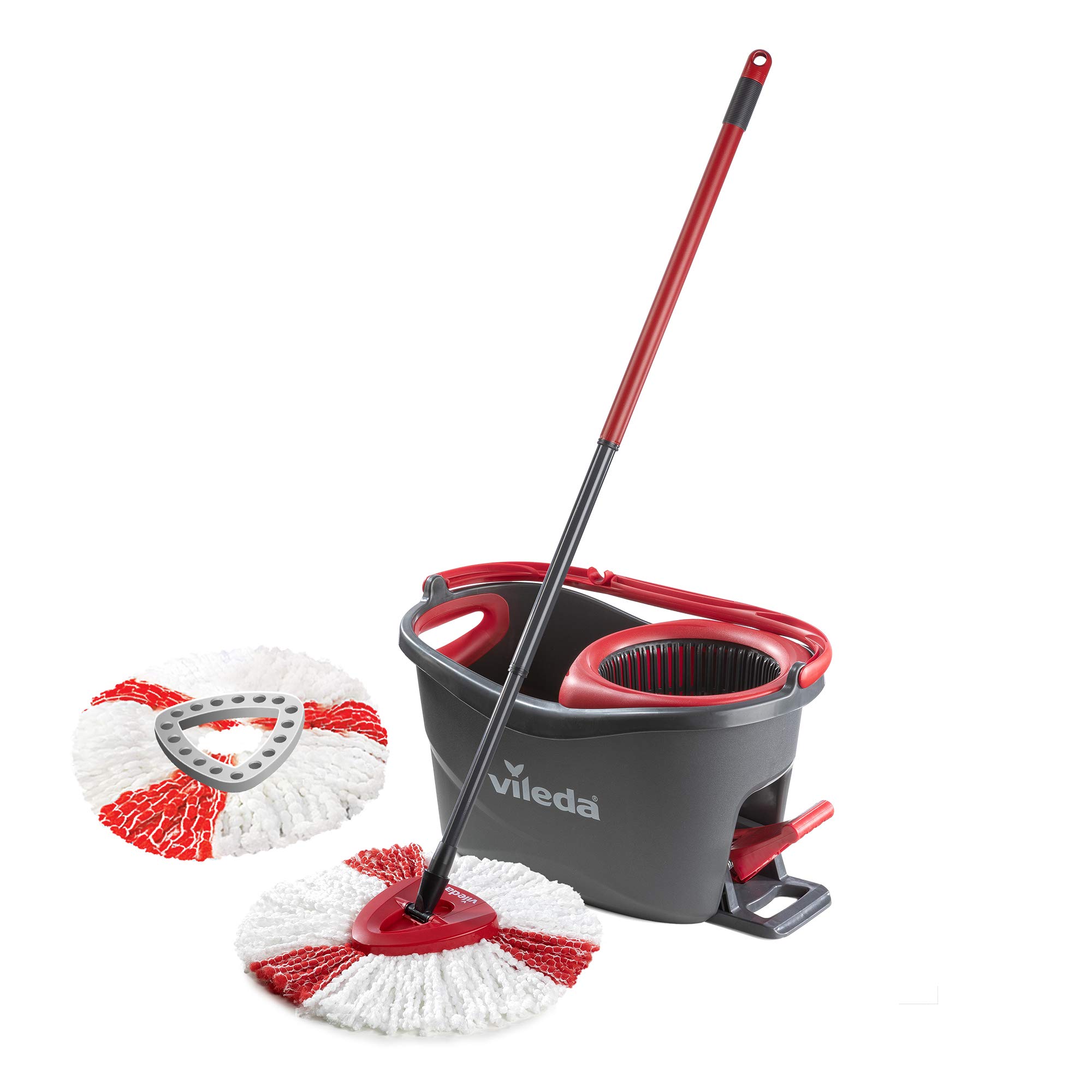 Vileda Turbo Microfibre Spin Mop and Bucket Set with Extra 2-in-1 Head Replacement for Cleaning Floors, Set of 1x Mop, 1x Bucket and 1x Refill, Red, 