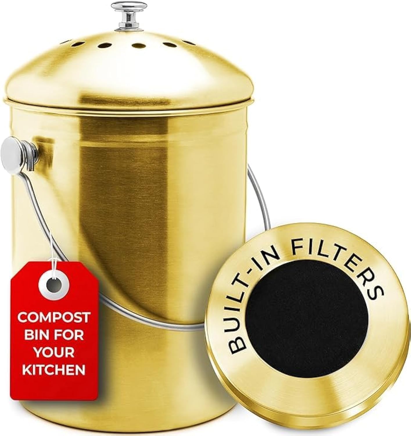 Epica Countertop Compost Bin Kitchen | 1.3 Gallon | Odorless Composting Bin with Carbon Filters | Indoor Compost Bin with Lid | Stainless Steel 