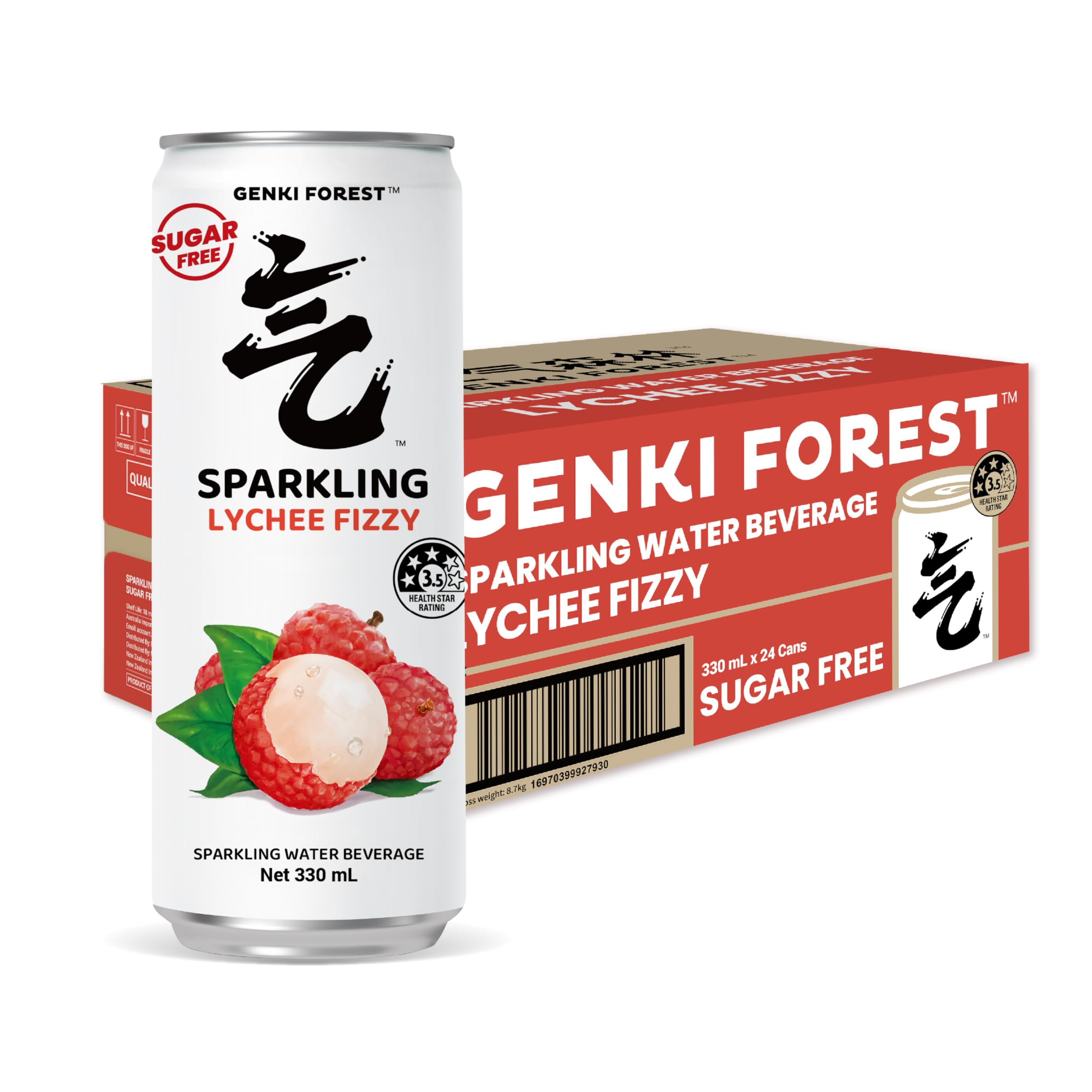 GENKI FOREST Lychee Fizzy Sparkling Water Beverage, Zero Sugar Drinks, 330ml x 24 CANS