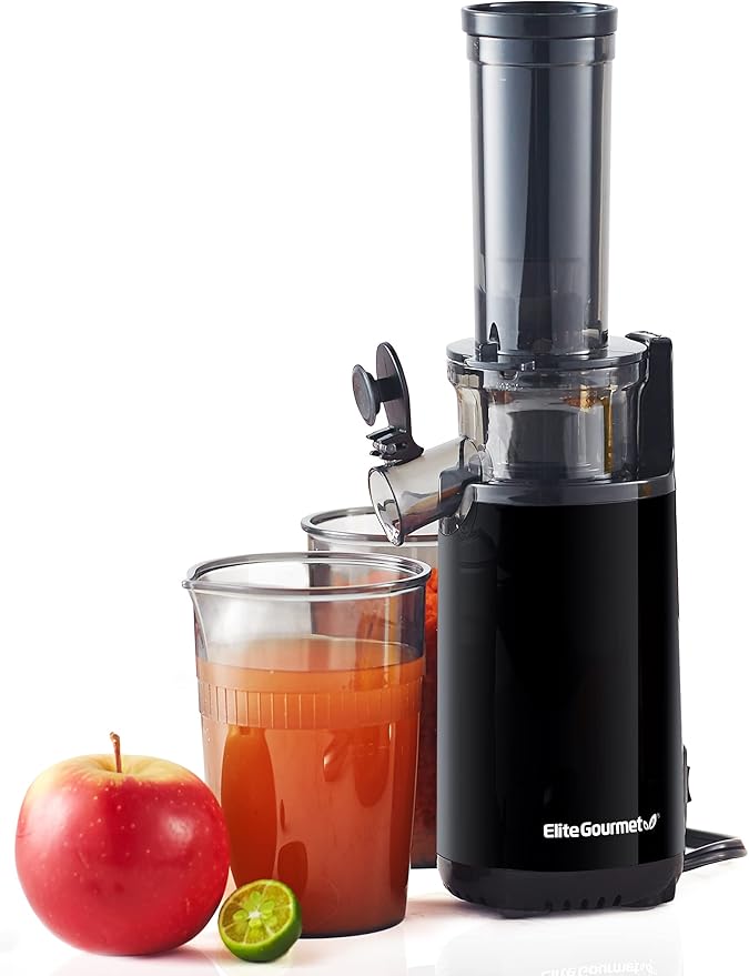 Elite Gourmet EJX600 Compact Masticating Slow Juicer, Cold Press Juice Extractor, Nutrient and Vitamin Dense, Easy To Clean, 16 oz Juice Cup,