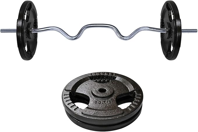 Total 35kg - 120cm Super Curl Barbell Bar Weight + EZ Grip Cast Iron Weight Plate