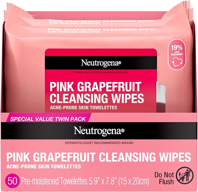 Neutrogena Pink Grapefruit Acne-Prone Skin Oil-Free Cleansing Wipes, 25 Sheets, 2 CT