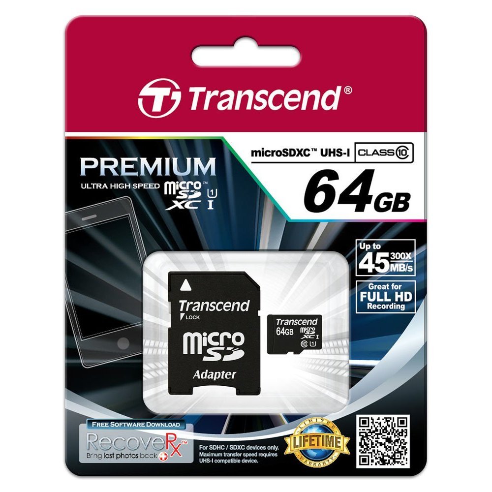 Transcend 64 GB microSDXC Micro SD Card, Class 10, UHS-1 U1, TS64GUSDU1