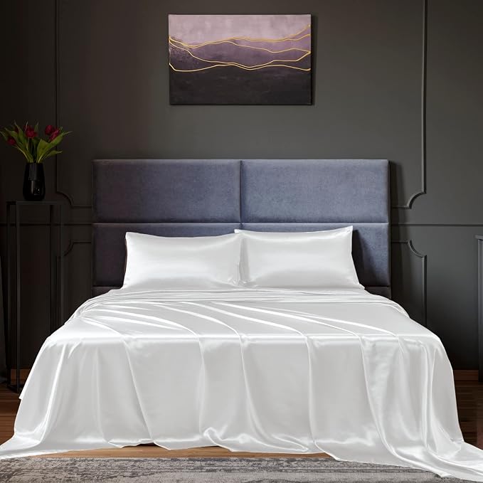 Royal Comfort Satin Sheet Set 4 Piece Fitted Flat Sheet Pillowcases - Queen - White