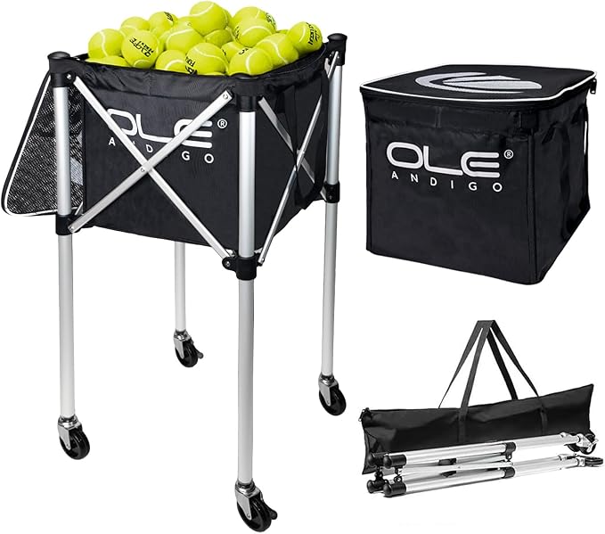 Ole ANDIGO Tennis Balls Hopper Tennis Ball Basket With Side Pockets Lightweight Tennis Ball Cart Holds 160 Balls, Portable Sports Teaching Cart With