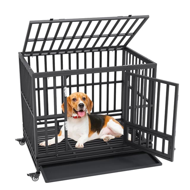 VEVOR 42 Inch Heavy Duty Dog Crate Indestructible Dog Crate 3-Door Heavy Duty Dog Kennel For Medium To Large Dogs With Lockable Wheels and Removable