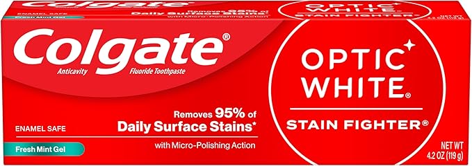 Colgate Optic White Stain Fighter Enamel Care Teeth Whitening Toothpaste, 140g, 1% Hydrogen Peroxide, Enamel Safe