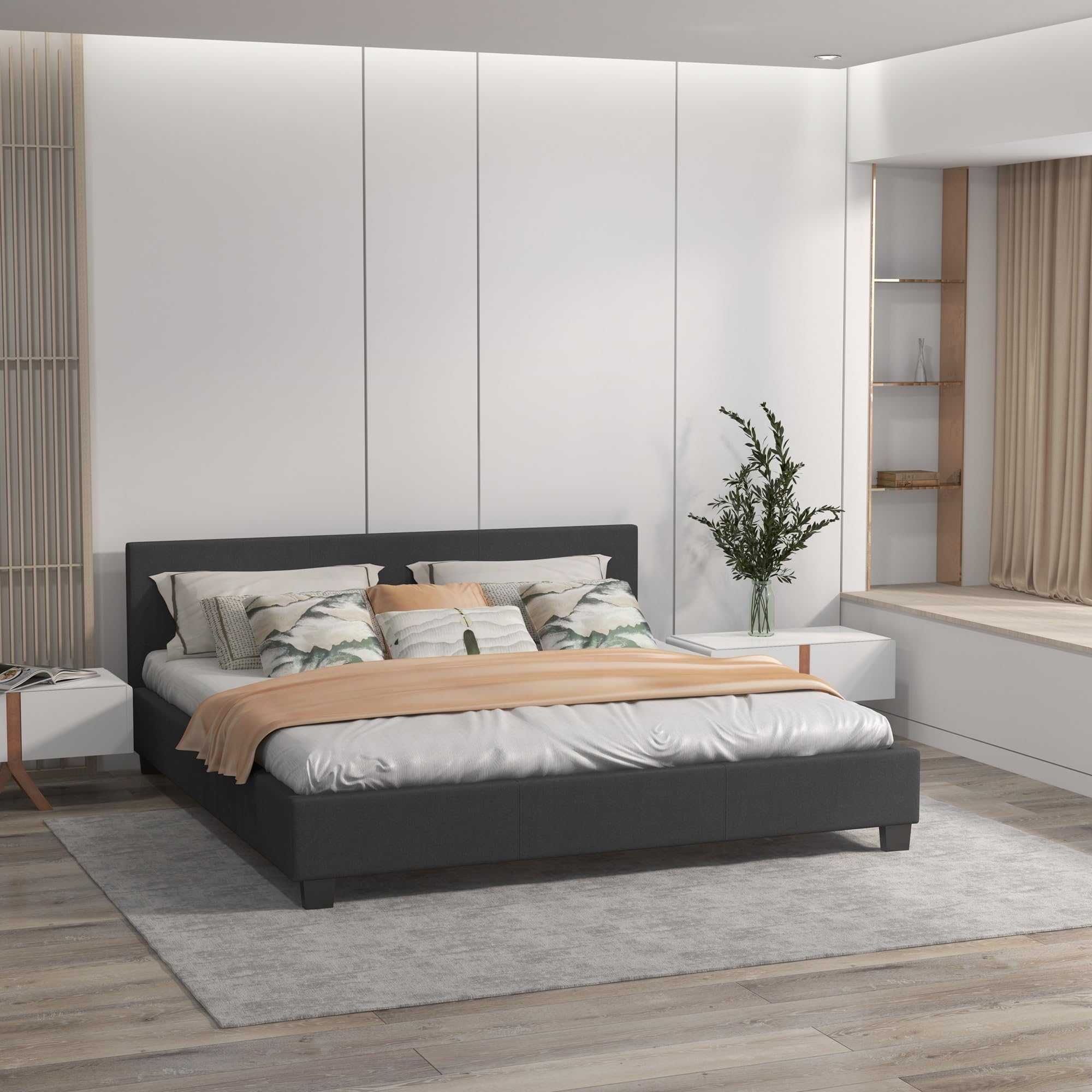 Milano Sienna Luxury Bed Frame Base and Headboard Solid Wood Padded Fabric Charcoal / Single
