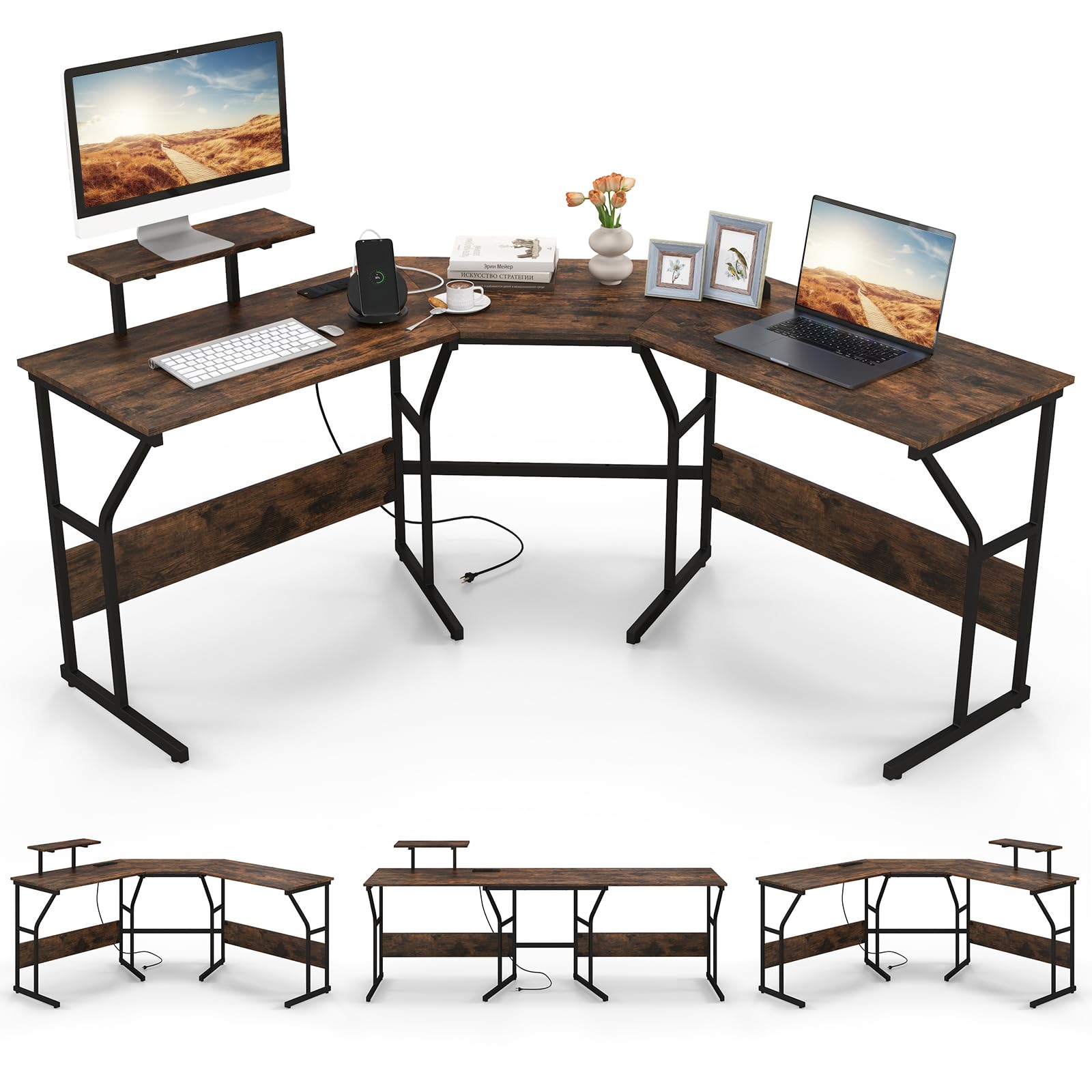 Giantex 225cm L-shaped Computer Desk Corner Writing Table w/Movable Monitor Stand Home Office Workstation Brown