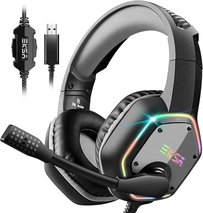 EKSA E1000 USB Gaming Headset For PC, Computer Headphones With Microphone/Mic Noise Cancelling, 7.1 Surround Sound, RGB Light - Wired Headphones For