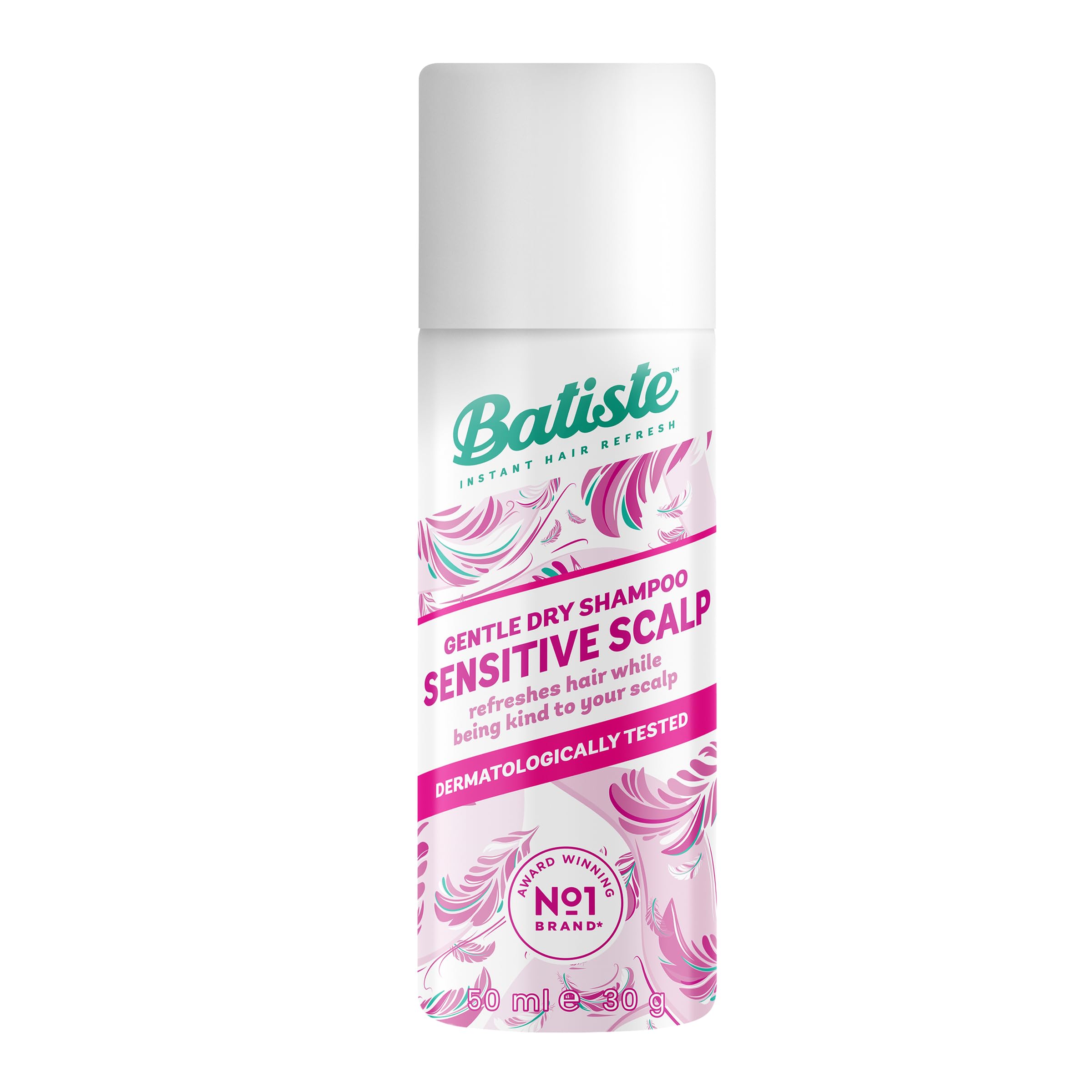 Batiste Sensitive Scalp Lightly Fragranced Dry Shampoo, 50mL - Refreshes Hair Without Water, Kind to Scalp, Aloe Vera Infused, Lightweight Formula for