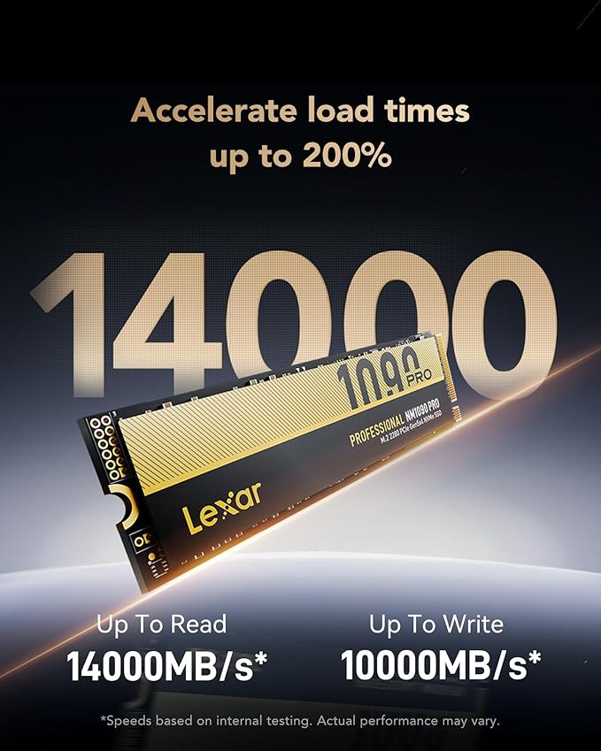 Lexar 1TB NM1090 Pro SSD PCIe Gen5 NVMe M.2 2280 Internal SSD, Up to 14,000/10,000 MB/s Read/Write, Advance Thermal Control Design, DirectStorage