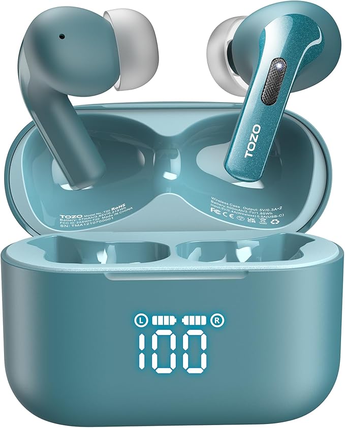 TOZO T20 Wireless Earbuds Bluetooth Headphones 48.5 Hrs Playtime With Led Digital Display, Ipx8 Waterproof, Dual Mic Call Noise Cancelling 10mm