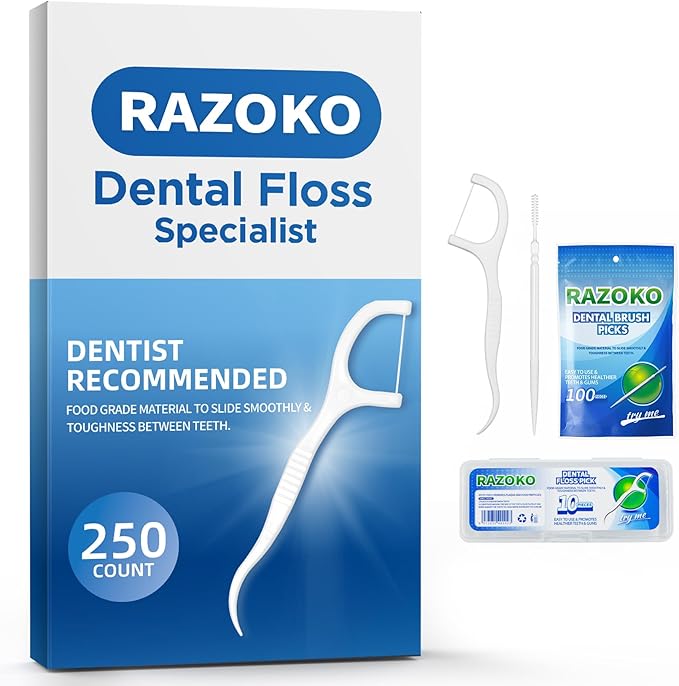 RAZOKO Dental Floss Picks High Toughness Toothpicks Sticks 250pcs with Portable Cases and 100pcs BrushPicks Interdental Toothpicks Perfect for Family