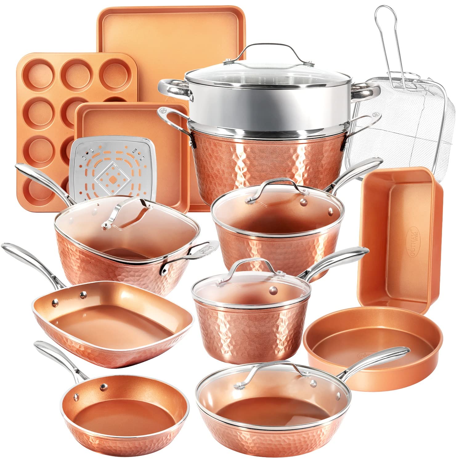 Gotham Steel Hammered Copper Collection – 20 Piece Premium Pots and Pans Set Nonstick Ceramic Cookware + Bakeware Set for Kitchen, Induction
