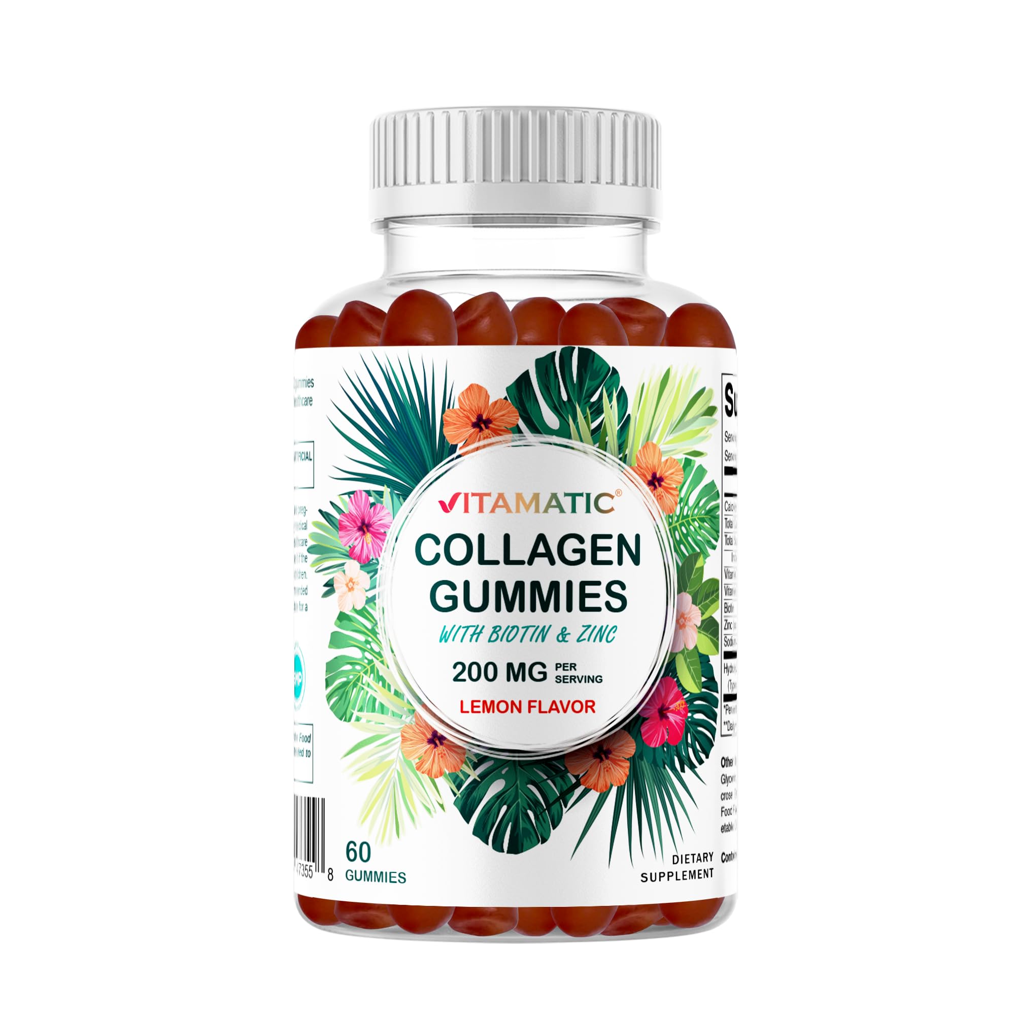 Vitamatic Hydrolyzed Collagen Gummies with Vitamin C, Zinc and Biotin, 200 MG - Healthy Skin Support - 60 Gummies