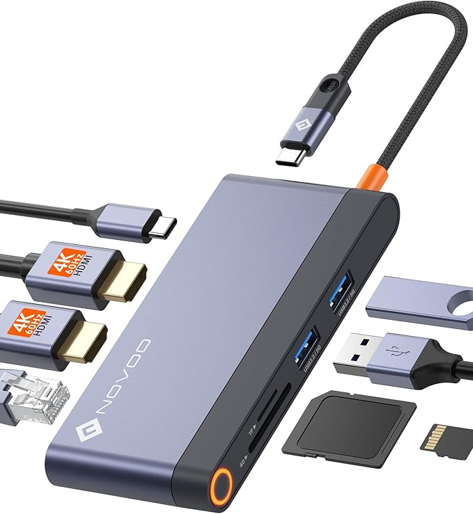 USB C Docking Station, NOVOO 11 in 1 USB C Hub, Triplo Display with 2 HDMI 4K@60Hz, DP 8K@120Hz, RJ45 Ethernet, 4 USB Ports, 100W PD, SD/TF Card and