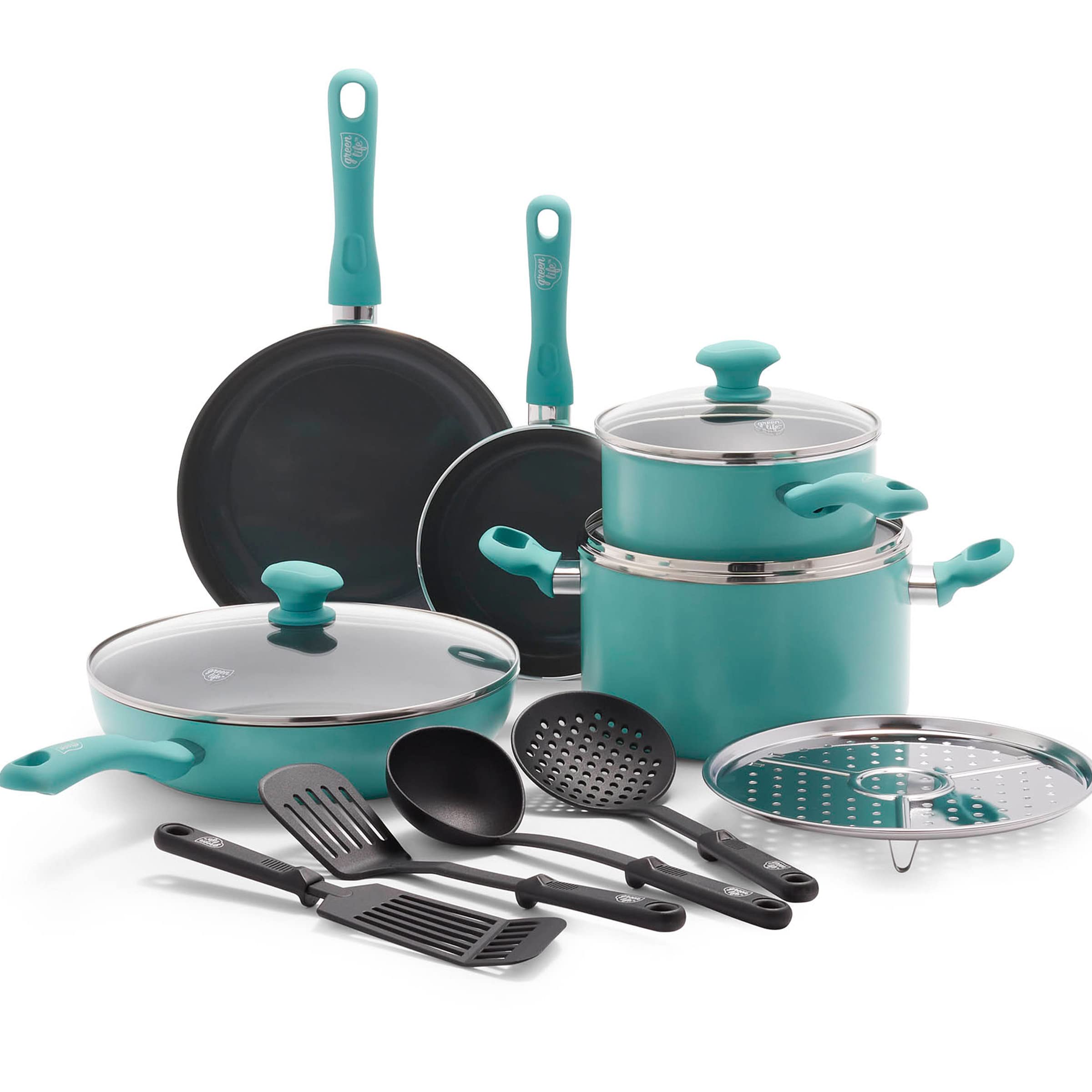 Greenlife Soft Grip Diamond Healthy Ceramic Nonstick 13 Piece Cookware Pots and Pans Set PFAS-Free Dishwasher Safe Black